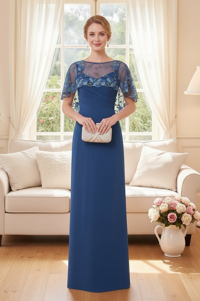 Embroidered Capelet Pleated Bodice Formal Dress