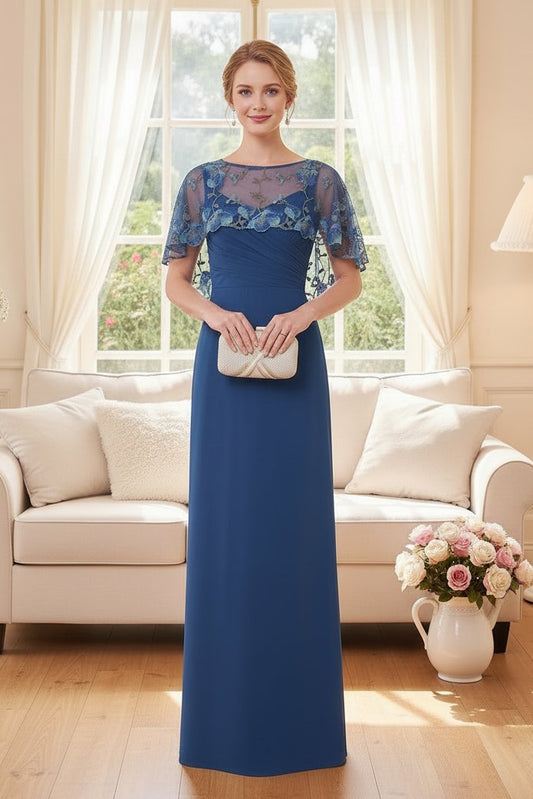 Embroidered Capelet Pleated Bodice Formal Dress