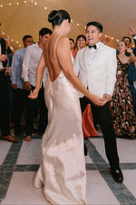 Low Back Satin Wedding Dress with Sheer Cape