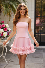 Strapless Pleated Mini Dress with 3D Flower Hem