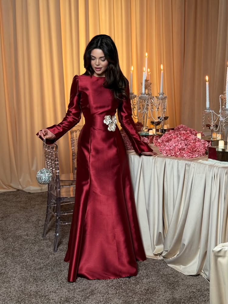 Long Sleeve Satin Evening Gown with Corset Back