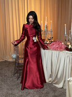 Long Sleeve Satin Evening Gown with Corset Back