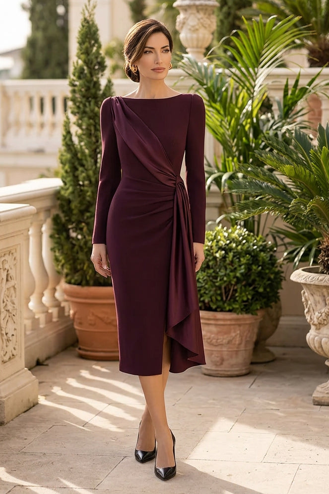Draped Midi Dress with Asymmetric Sash