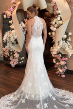 High Neck Halter Lace Applique Mermaid Wedding Dress