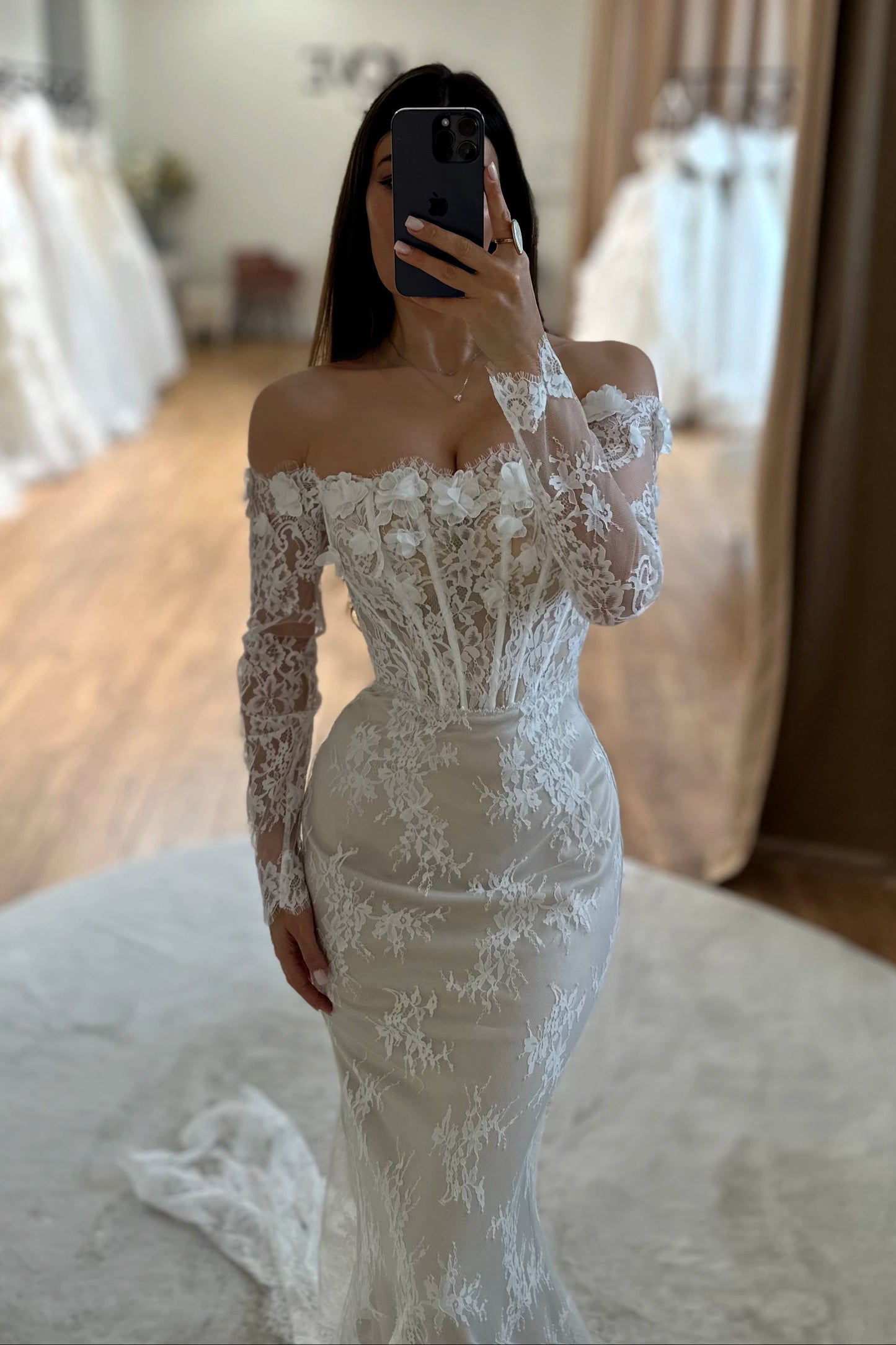 Off-the-Shoulder Lace Mermaid Wedding Dress with Corset