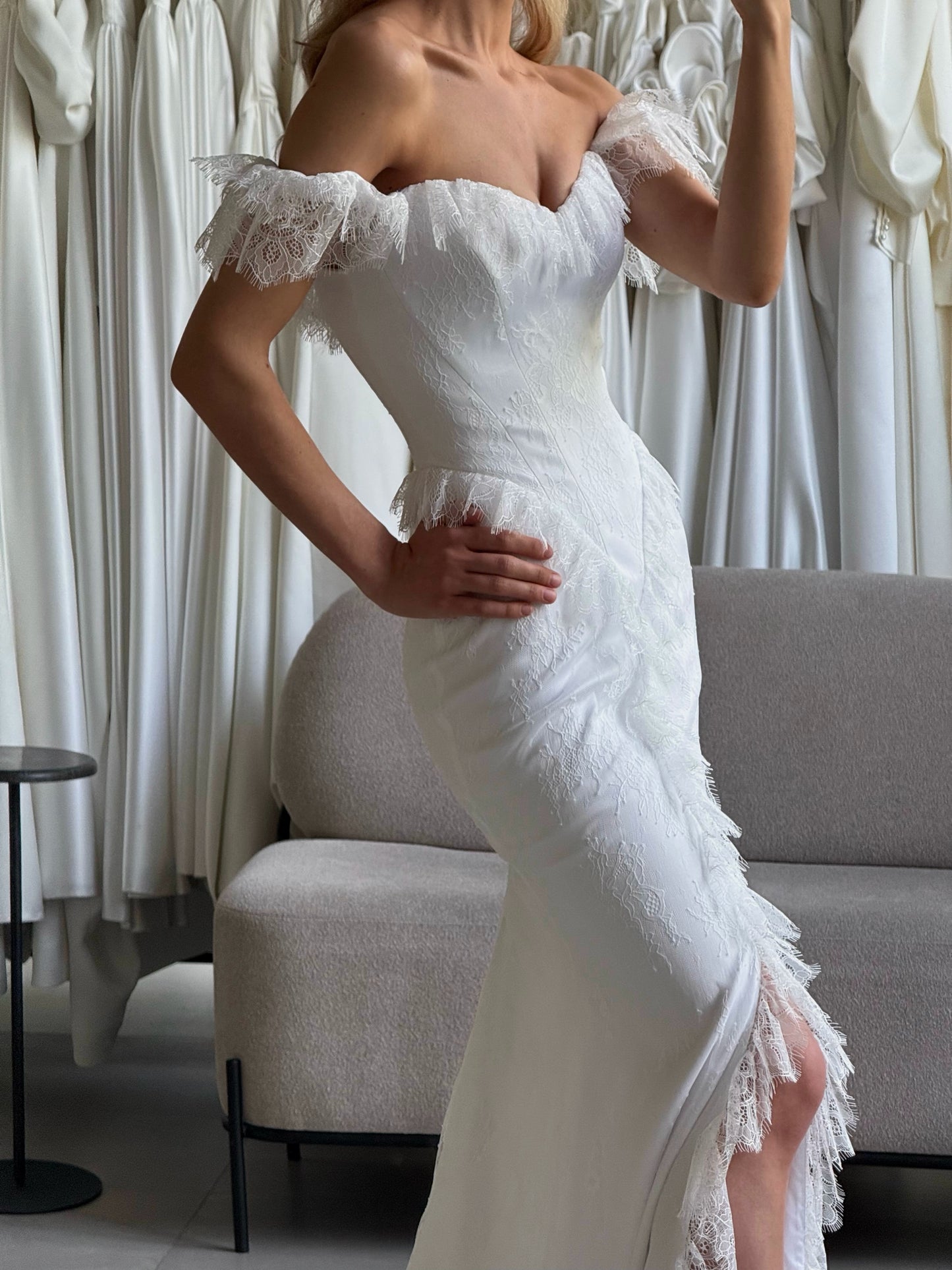 Off-the-Shoulder Corset Mermaid Wedding Dress with Slit