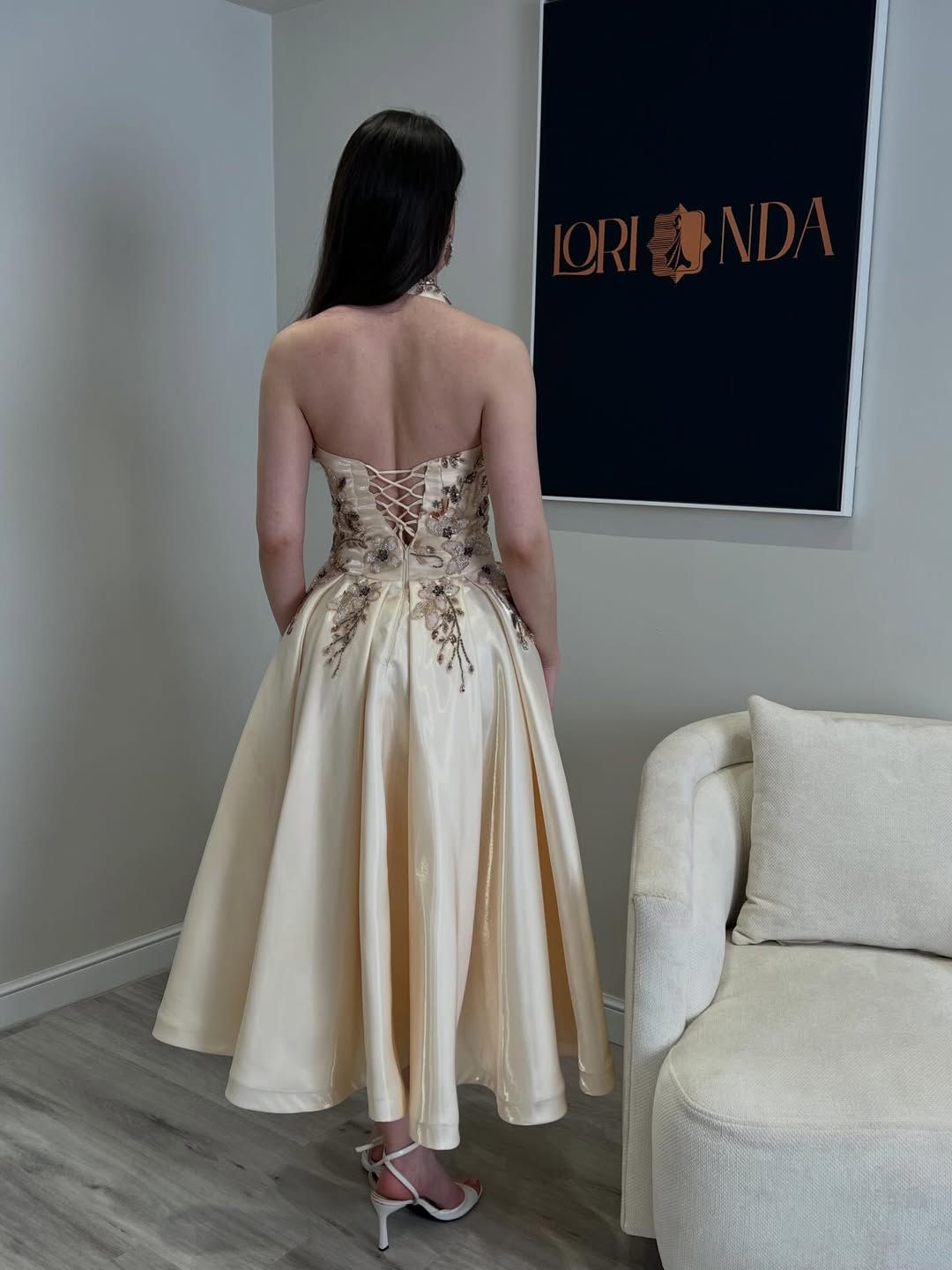 Embroidered Halter Tea-Length A-Line Dress