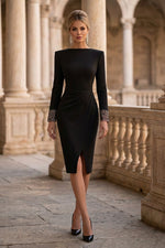 Long Sleeve Midi Sheath Dress with Embellished Cuffs