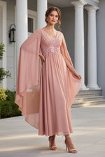 V-Neck Chiffon A-Line Evening Gown with Cape Sleeves
