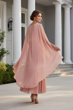 V-Neck Chiffon A-Line Evening Gown with Cape Sleeves