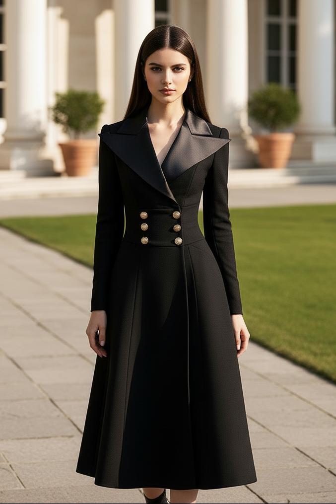 Double-Breasted Wide Lapel A-Line Midi Dress