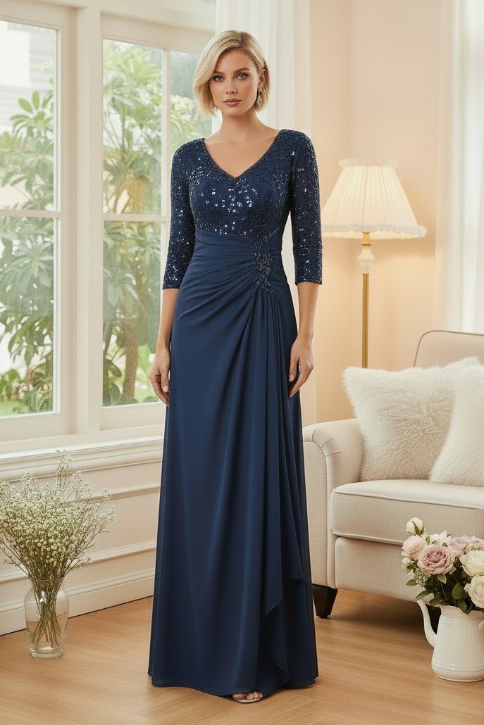 Sequined V-Neck Gown with Ruched Side Draping