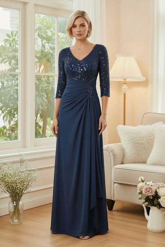 Sequined V-Neck Gown with Ruched Side Draping