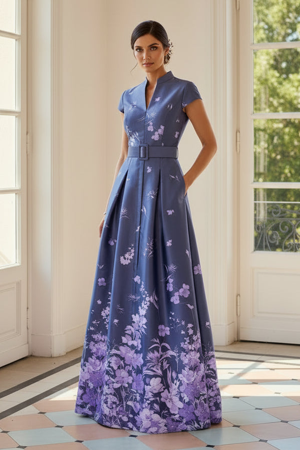 Floral Print A-Line Gown with Cap Sleeves and Pockets