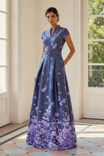 Floral Print A-Line Gown with Cap Sleeves and Pockets