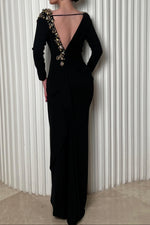 Beaded Bateau Neck Open Back Evening Gown