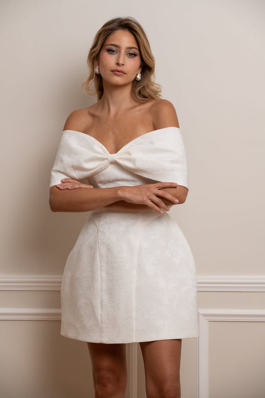 Off-the-Shoulder Jacquard Mini Wedding Dress