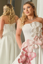 Strapless Floral Applique Ball Gown with Pockets