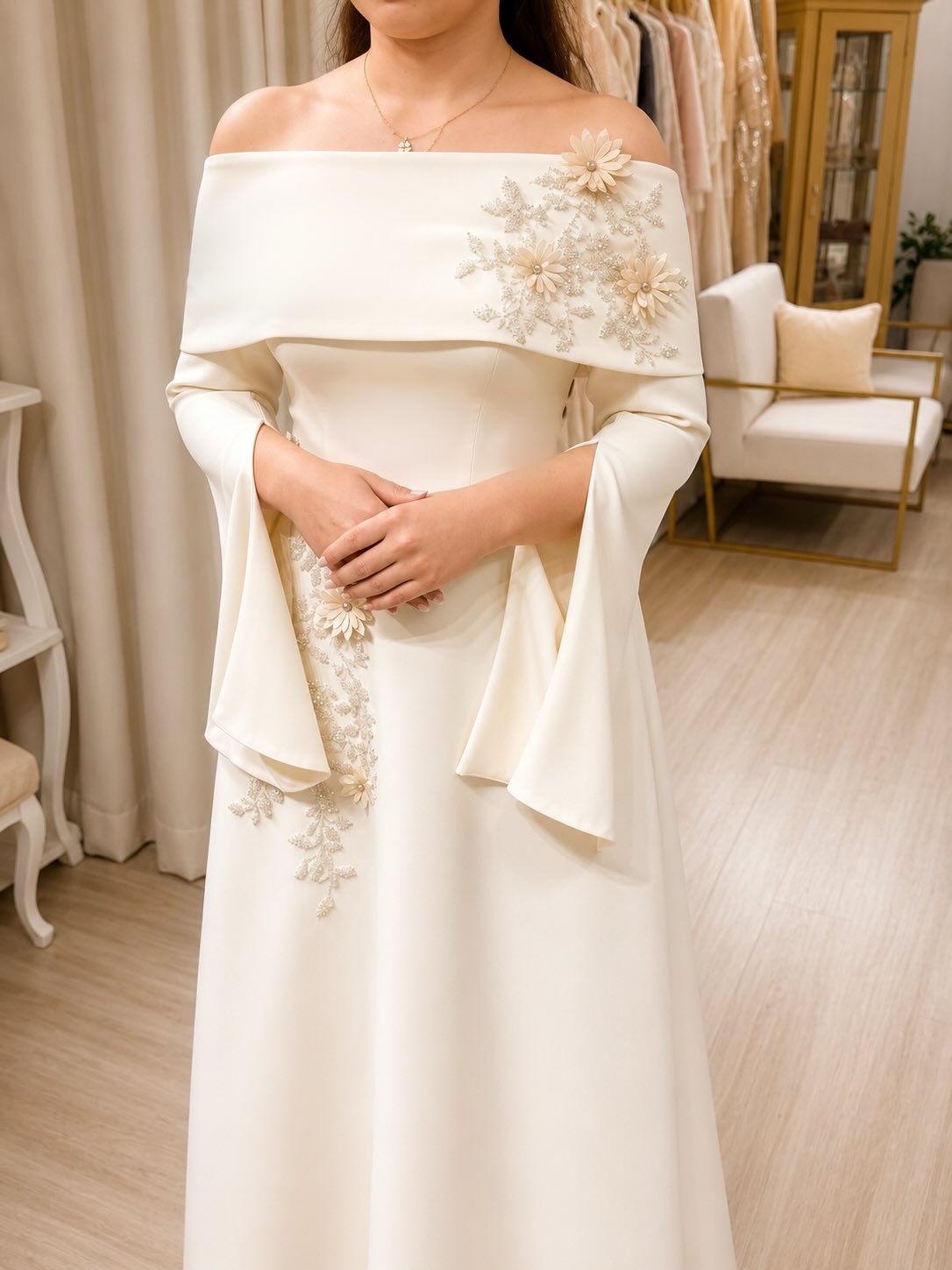 Off-Shoulder Floral Applique A-Line Gown