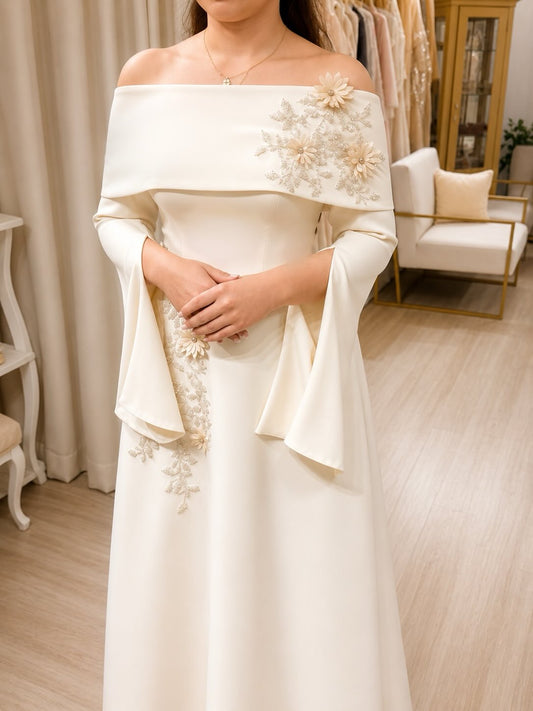 Off-Shoulder Floral Applique A-Line Gown
