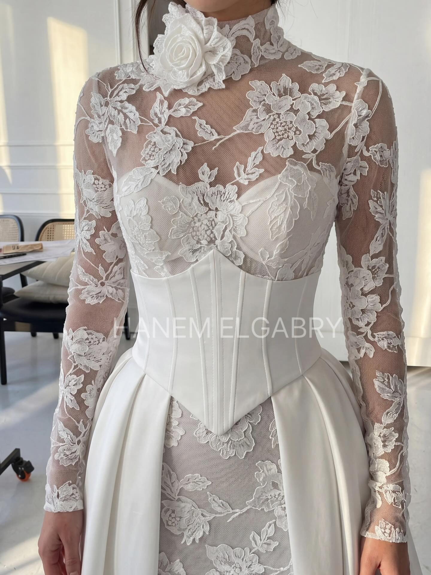 Long Sleeve Lace Bridal Gown with Corset Overskirt