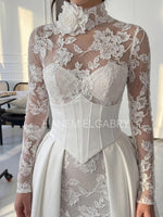 Long Sleeve Lace Bridal Gown with Corset Overskirt