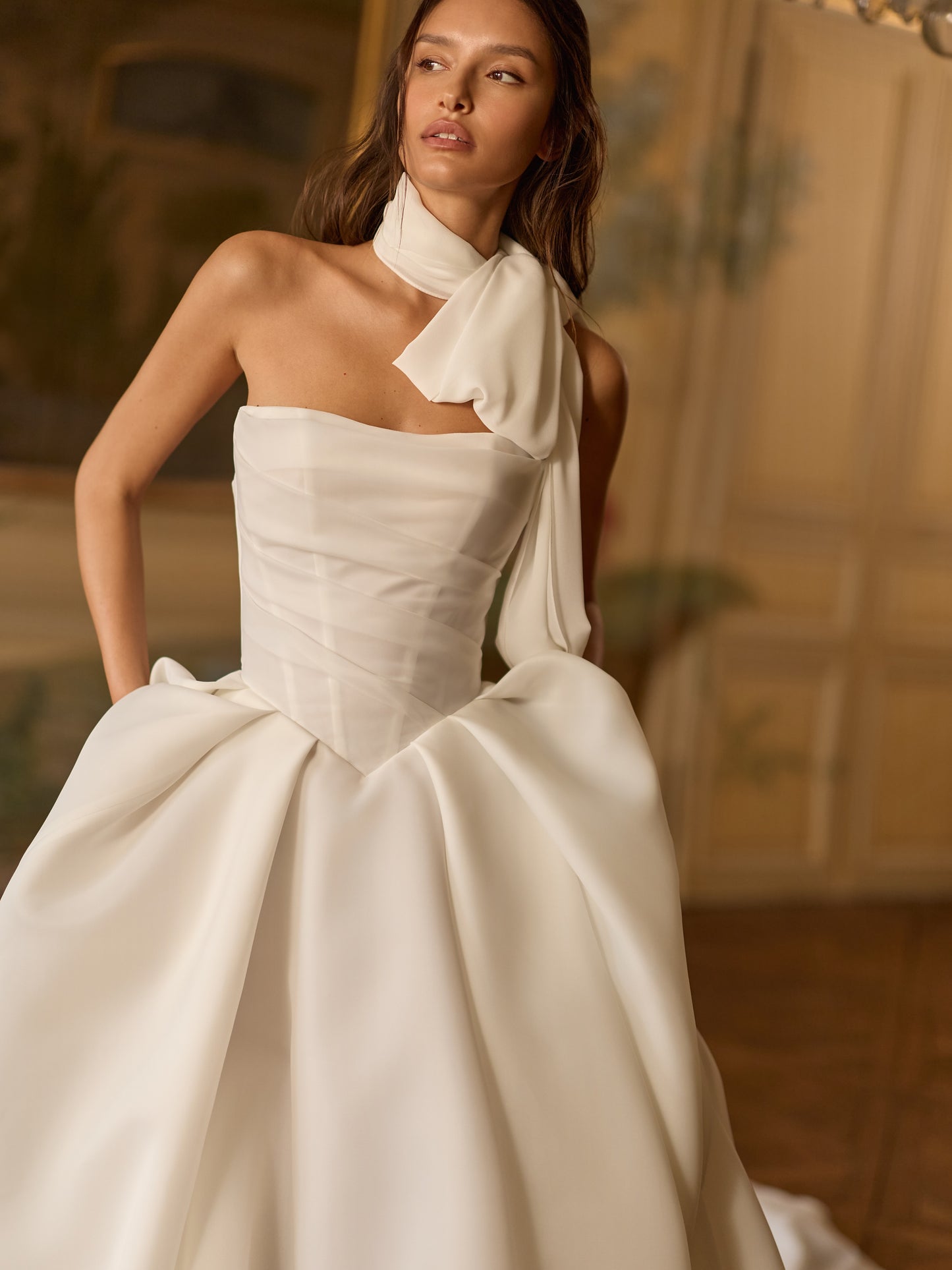 Strapless Corset Ball Gown Wedding Dress with Scarf