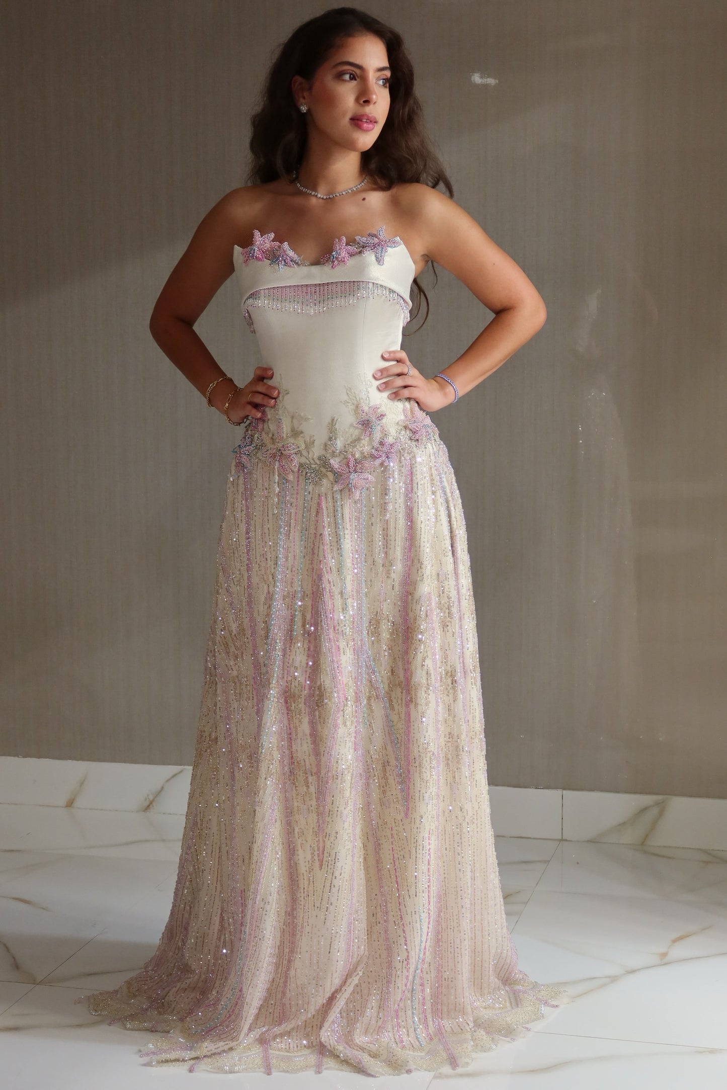 Strapless Beaded Floral Fringe Floor-Length Gown