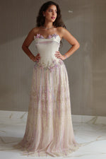 Strapless Beaded Floral Fringe Floor-Length Gown