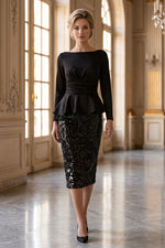 Peplum Bateau Midi Dress with Sequin Skirt
