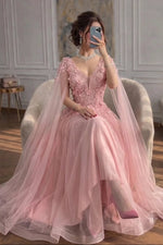 3D Floral Cape Sleeve Tulle A-Line Gown