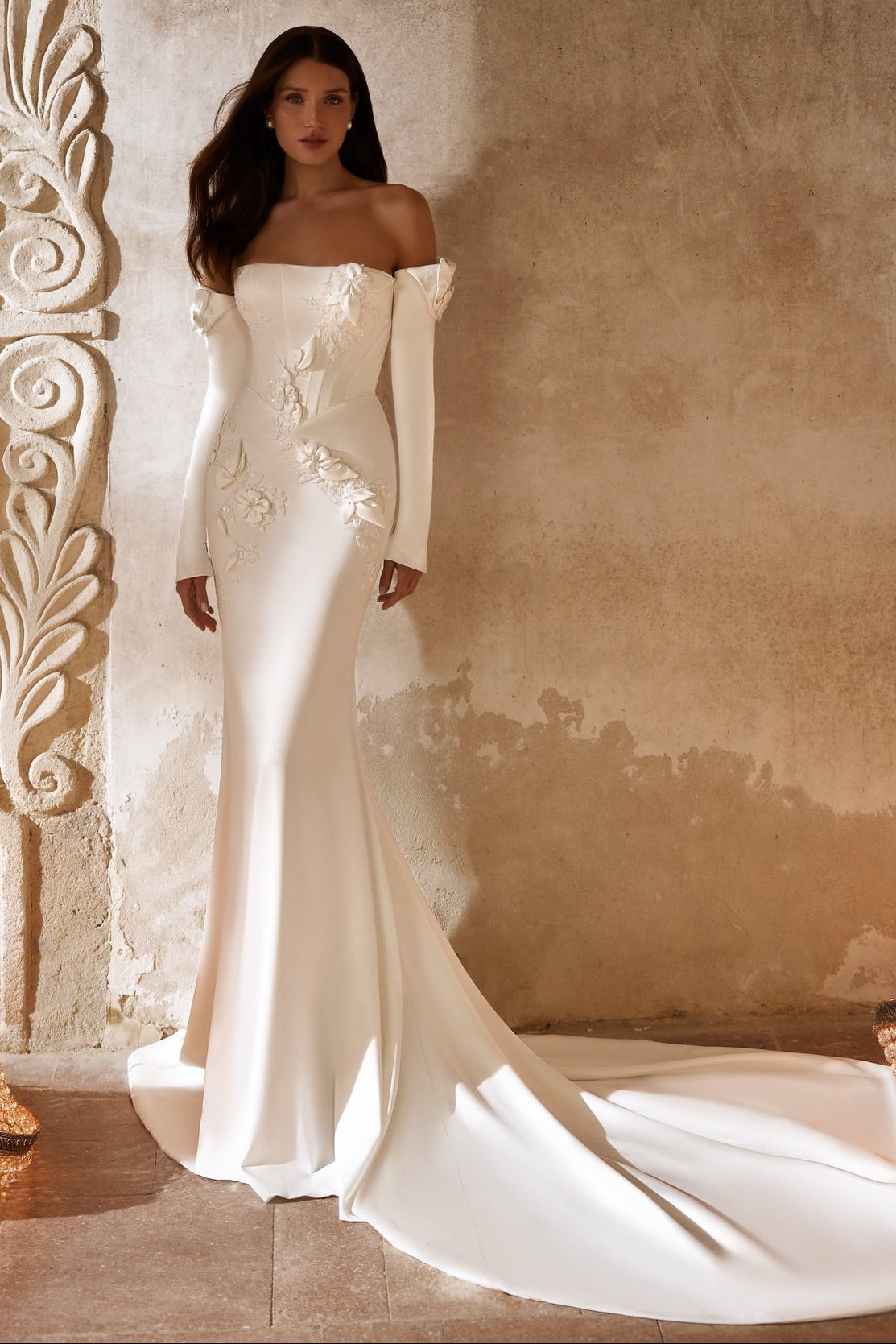 Off-Shoulder Applique Mermaid Wedding Gown