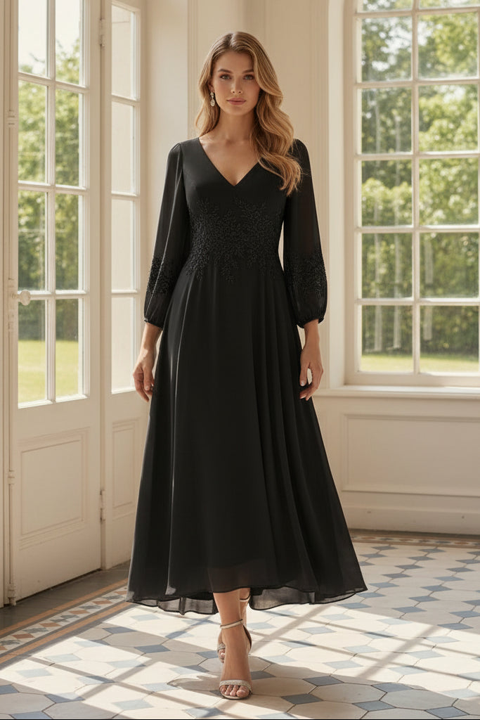 Embroidered V-Neck Chiffon High-Low Dress