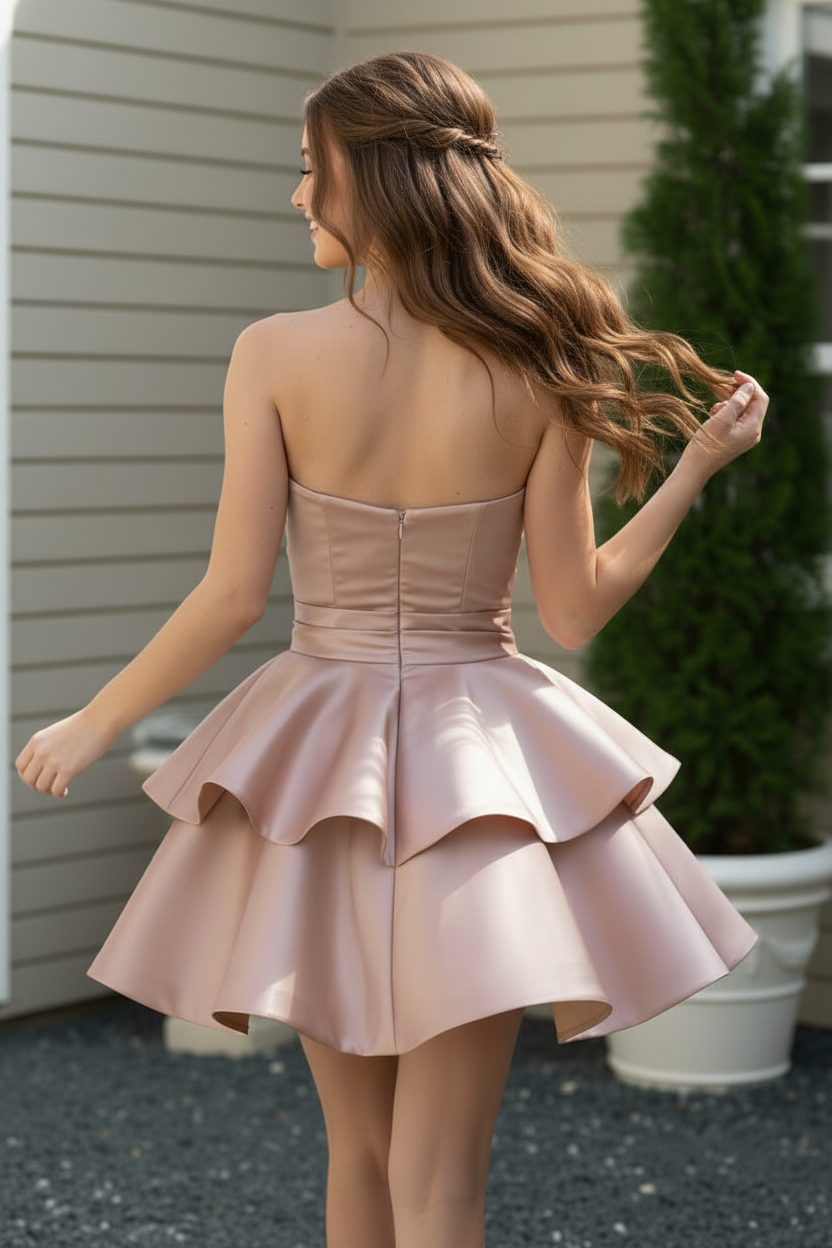 Strapless Tiered Satin Mini Dress with Back Bow
