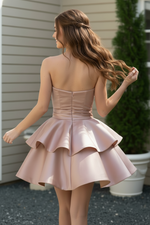 Strapless Tiered Satin Mini Dress with Back Bow