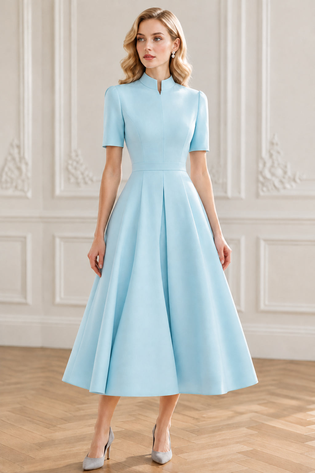 High Neck Pleated A-Line Midi Dress