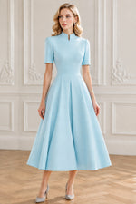 High Neck Pleated A-Line Midi Dress