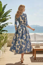 Floral Jacquard Lapel Midi A-Line Dress