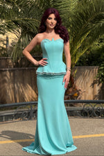 Strapless Peplum Mermaid Gown with Beaded Fringe