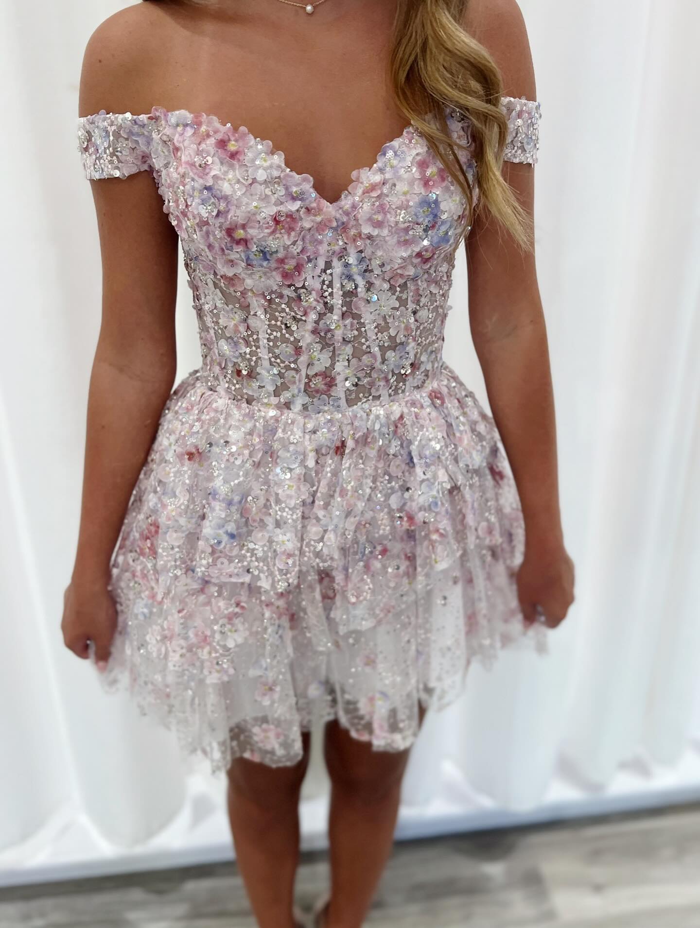 Tiered Off-the-Shoulder 3D Floral Mini Dress