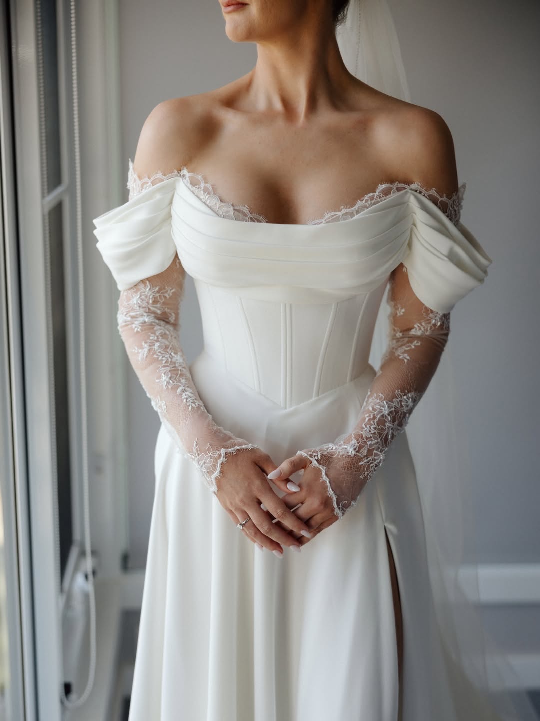Off-the-Shoulder Lace Sleeve Corset Wedding Dress
