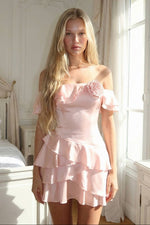 Off-the-Shoulder Tiered Ruffle Satin Mini Dress