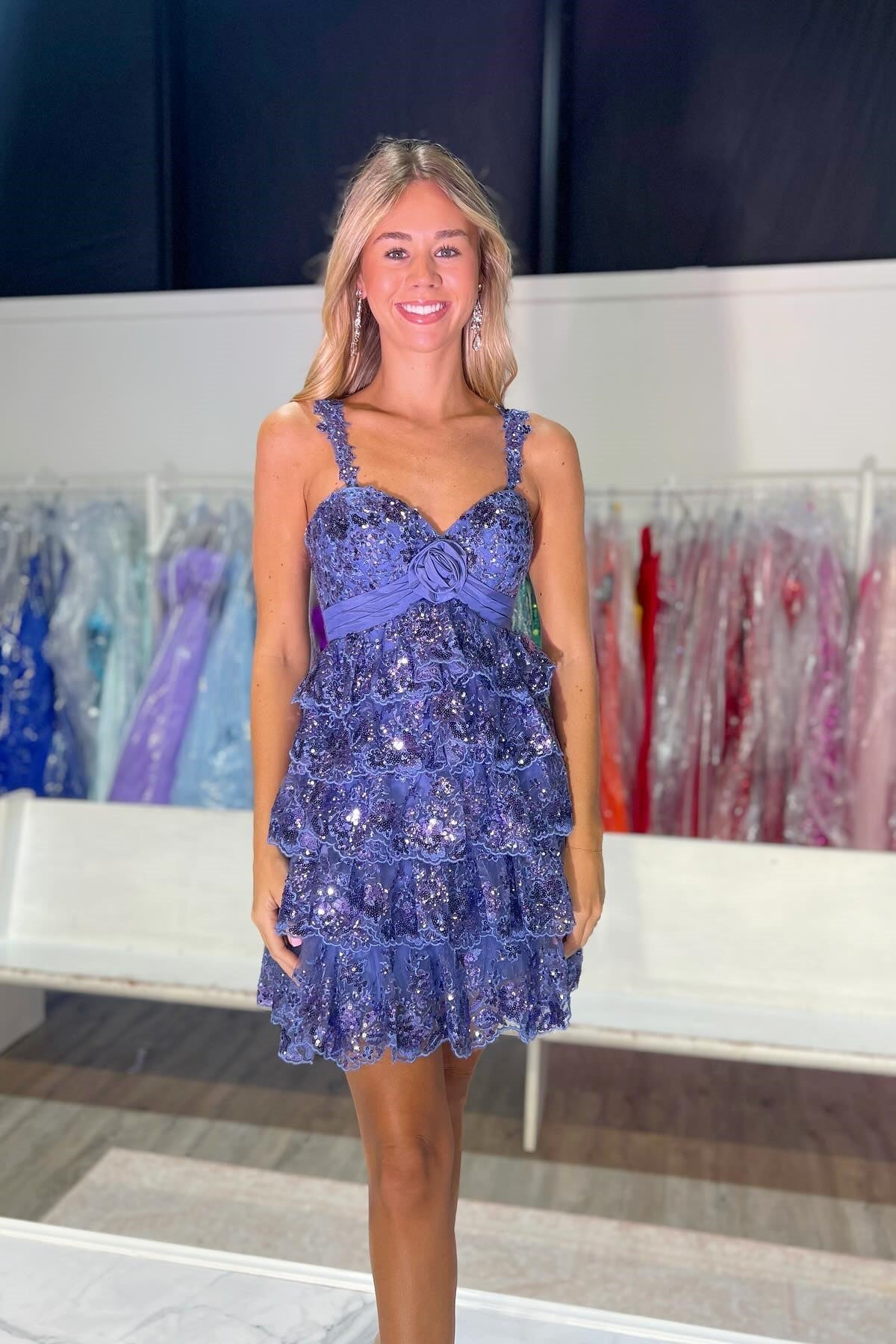Sweetheart Tiered Sequin Lace Mini Dress