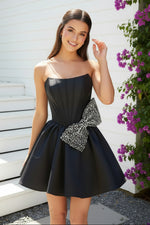 Strapless Corset Satin Mini Dress with Pearl Bow