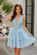 Halter Lace Bodice Tiered Ruffle Mini Dress