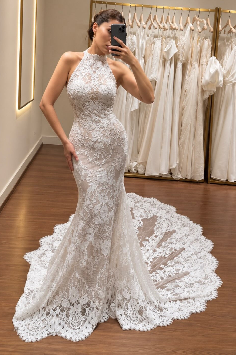 Halter Lace Mermaid Wedding Dress with Train