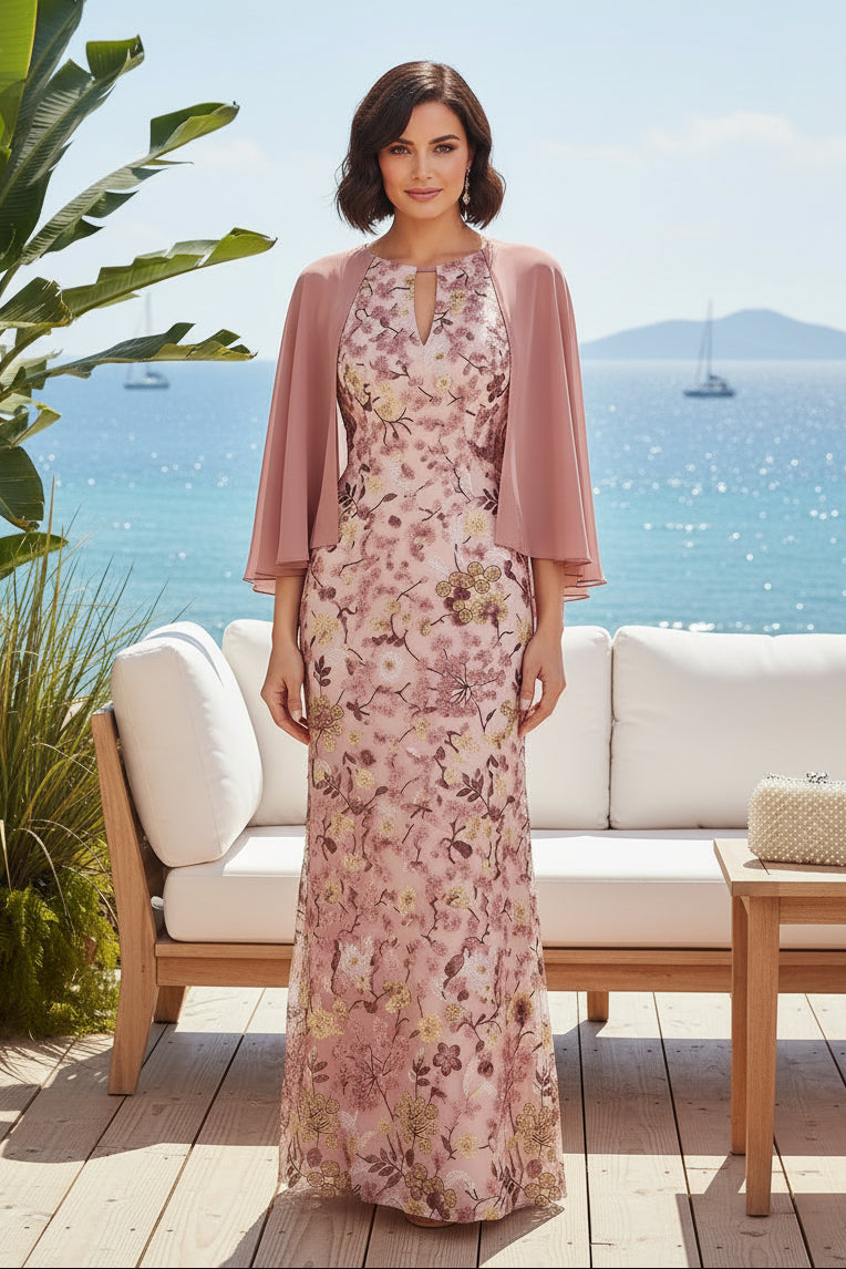 Floral Embroidered Gown with Chiffon Cape Sleeves
