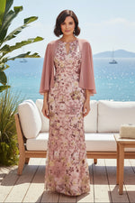 Floral Embroidered Gown with Chiffon Cape Sleeves
