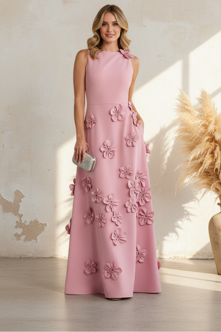 Blush Pink 3D Floral Sleeveless A-Line Evening Gown with Pockets