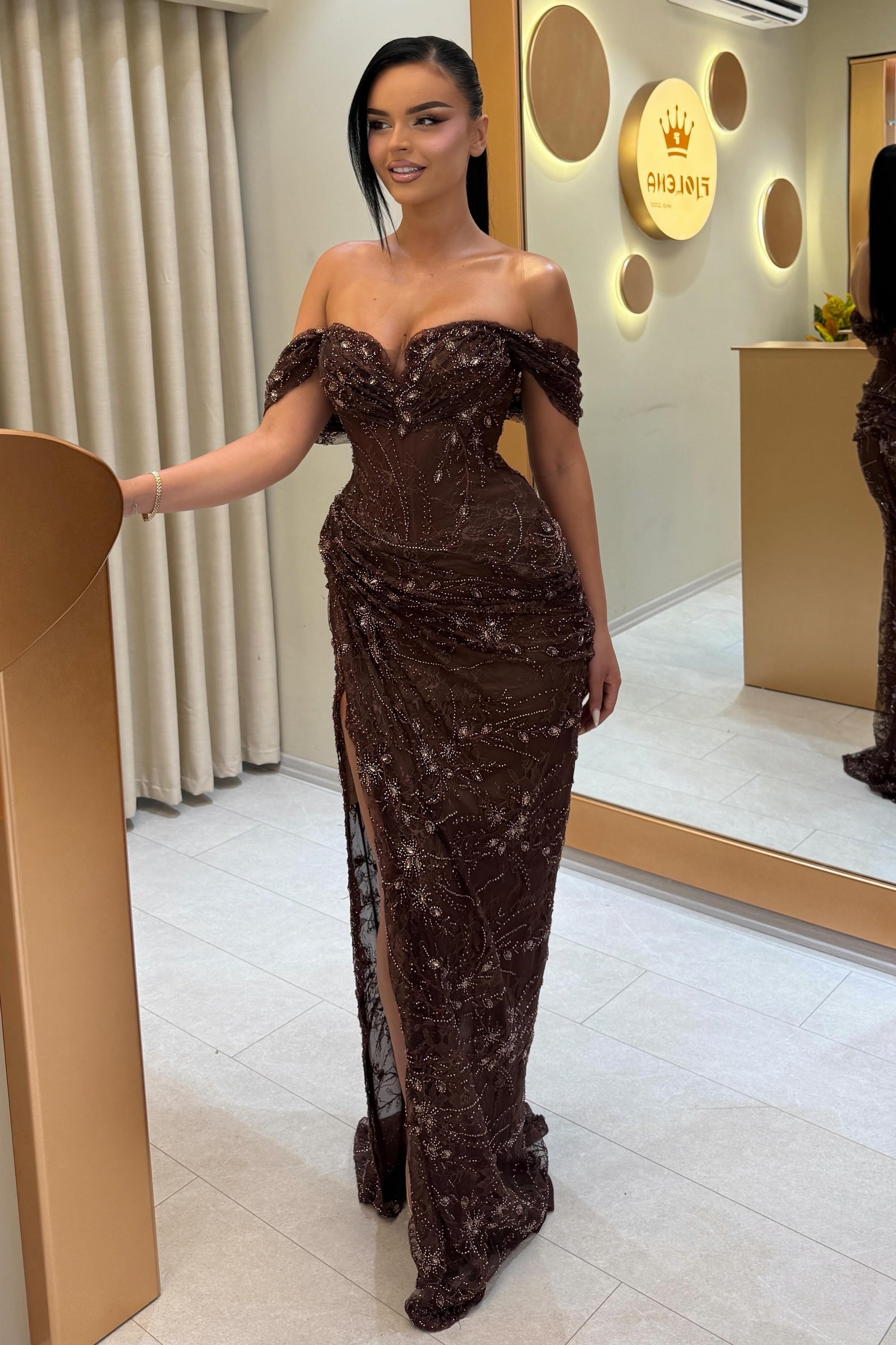 Off-the-Shoulder Beaded Lace Corset Gown